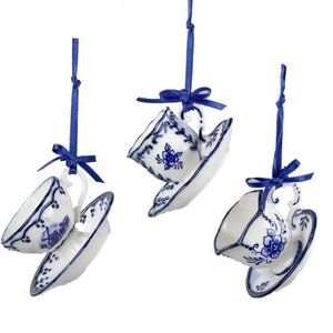 Kurt Adler 3 china 2" Delft Teacup hanging ornaments-flower pattern-windmill